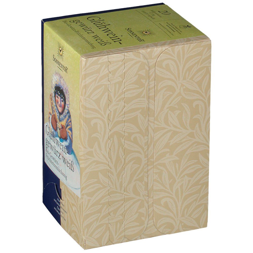 Karton SonnentoR® Glühweingewürztee weiß bio. Vorderseite mit Illustration und Schriftzug. Seitenteile mit floralem Muster.