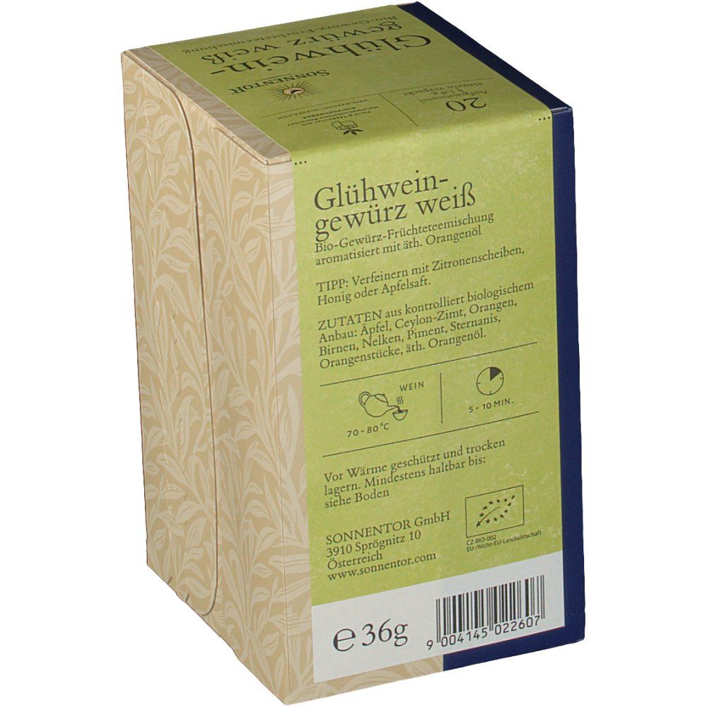 Rückseite der SonnentoR® Glühweingewürztee weiß bio Verpackung. Text mit Zutaten, Zubereitungshinweisen und Bio-Siegel.