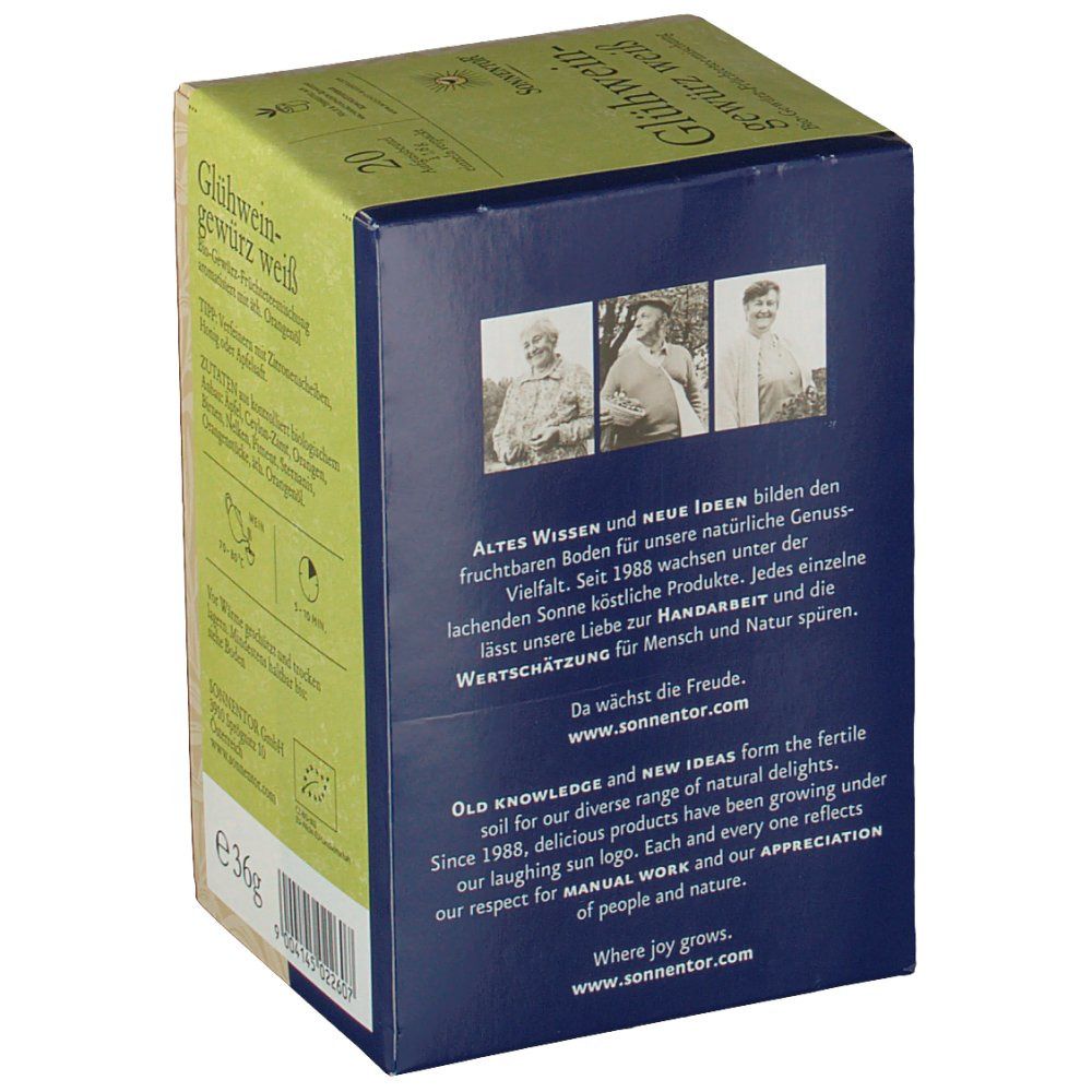 Rückseite der SonnentoR® Glühweingewürztee weiß bio Verpackung. Text mit Informationen und Bio-Siegel.