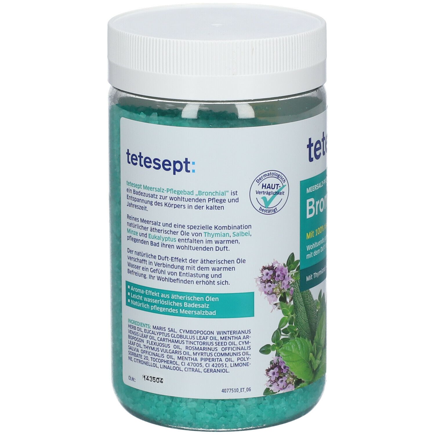 Rückseite der tetesept Bronchial Verpackung. Text über Inhaltsstoffe und Anwendung. Grünes Badesalz im transparenten Behälter.
