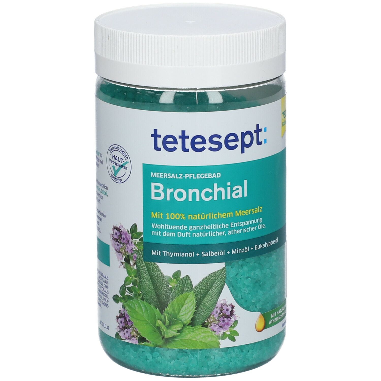 tetesept Bronchial Meersalz-Pflegebad in transparentem Behälter. Grünes Badesalz. Weißer Deckel. Aufschrift und Kräuterabbildung.