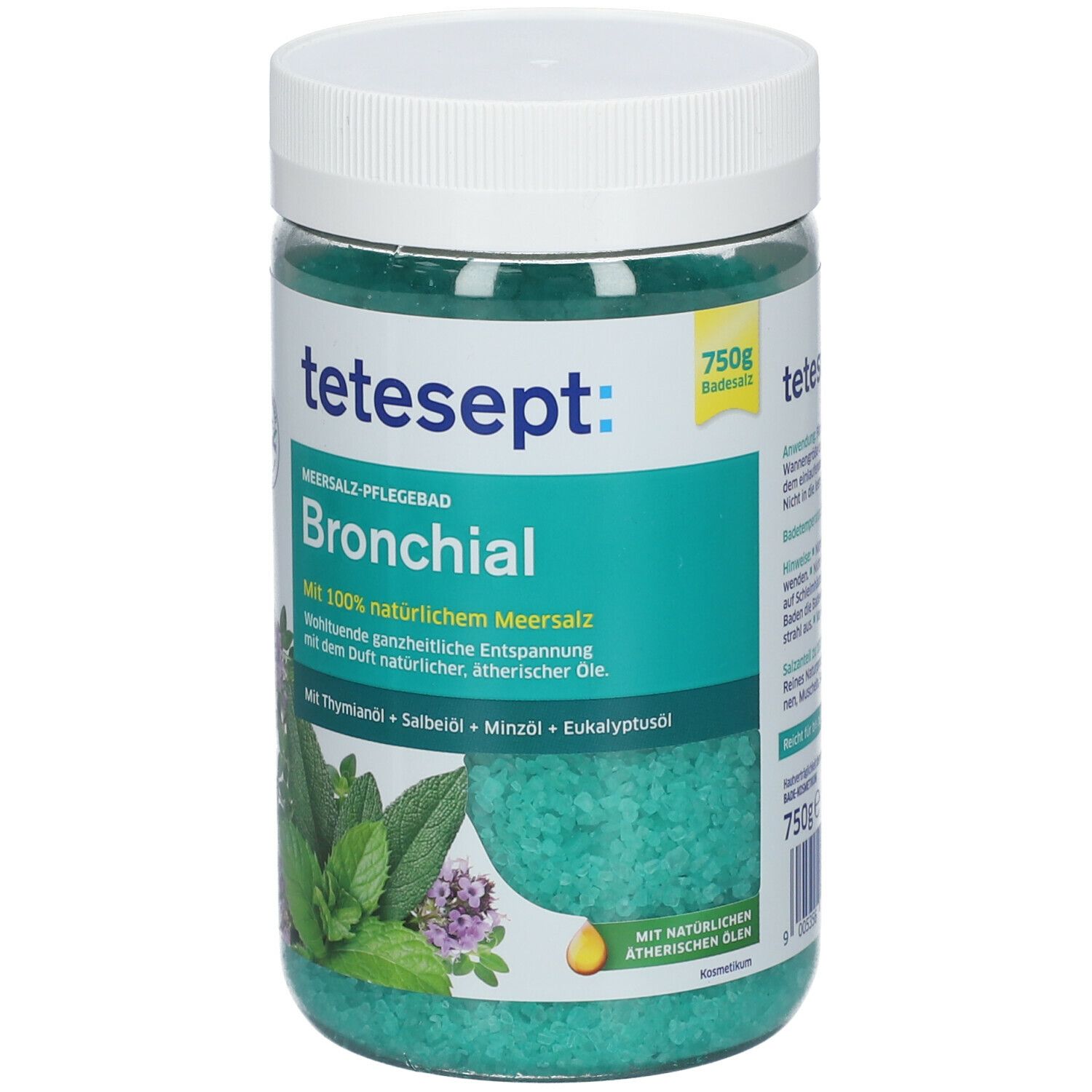 tetesept Bronchial Meersalz-Pflegebad in transparentem Behälter. Grünes Badesalz. Weißer Deckel. Aufschrift und 750g Angabe.