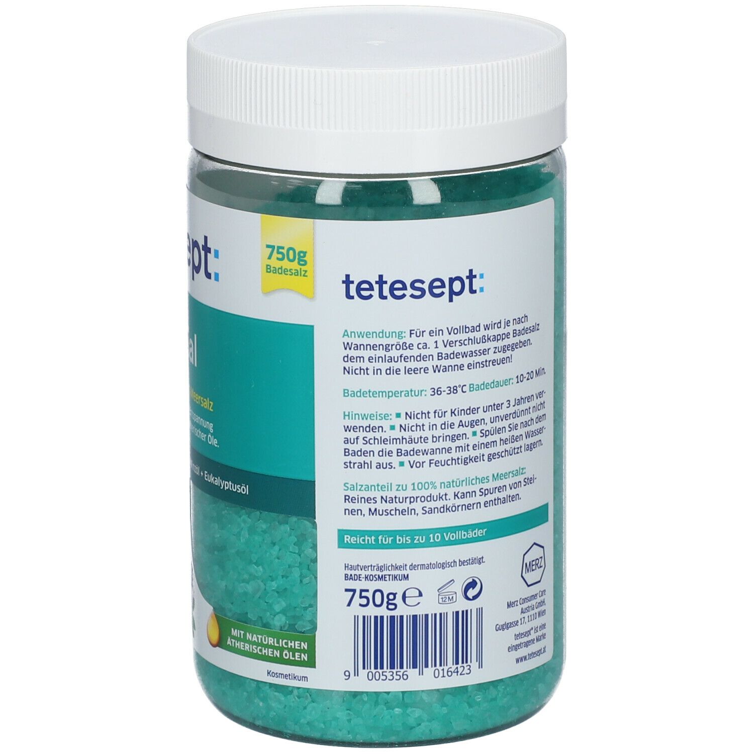 Rückseite der tetesept Bronchial Verpackung. Grünes Badesalz im transparenten Behälter. Text, 750g Angabe und Hinweise.