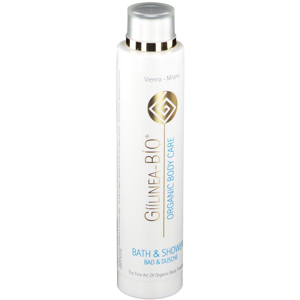 Weiße Flasche mit silbernem Deckel. Aufschrift: GÍÍLINEA-BÍO®, ORGANIC BODY CARE, BATH & SHOWER. Goldfarbenes Logo.