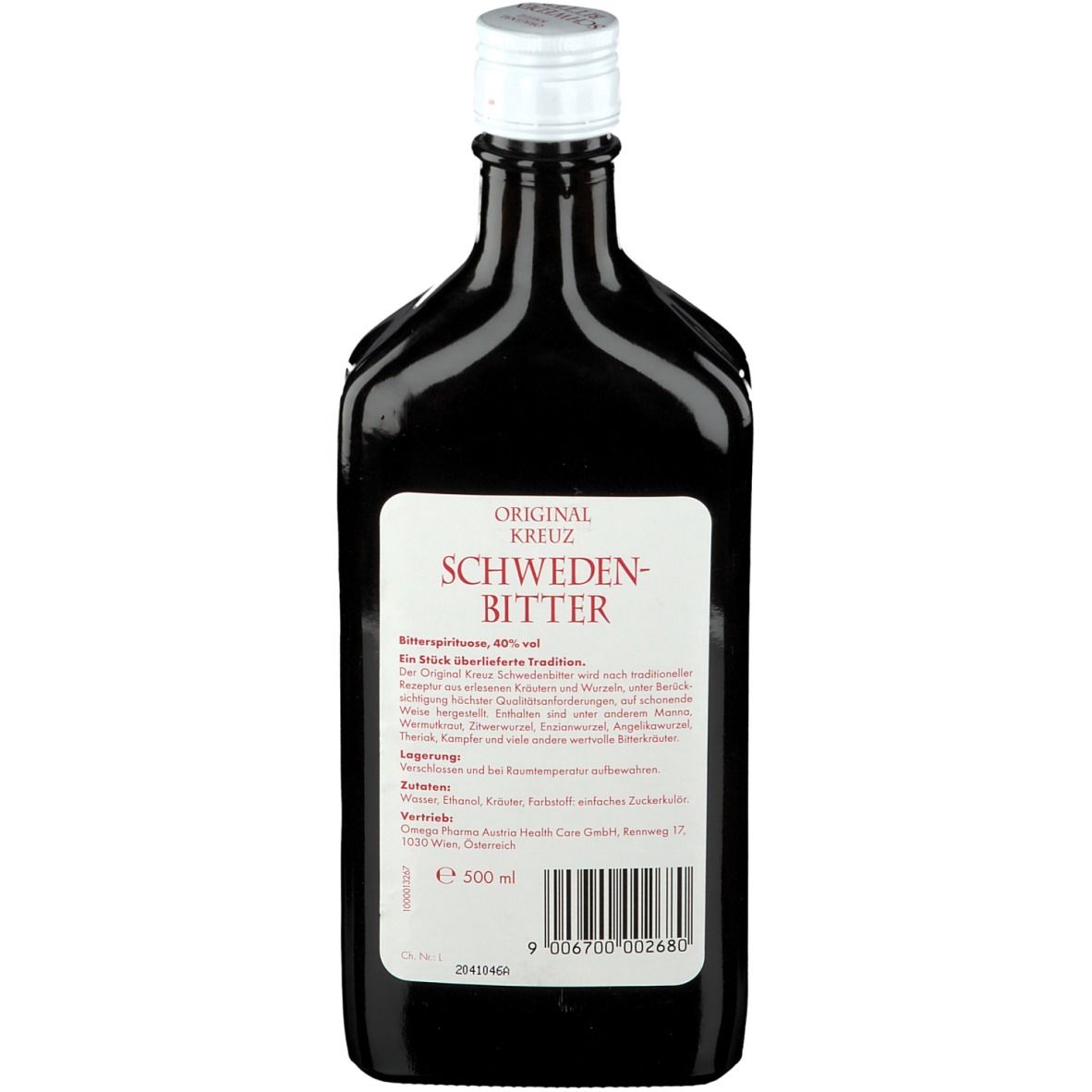 Dunkle Glasflasche mit weißem Verschluss. Etikett mit Schriftzug "ORIGINAL KREUZ SCHWEDENBITTER".