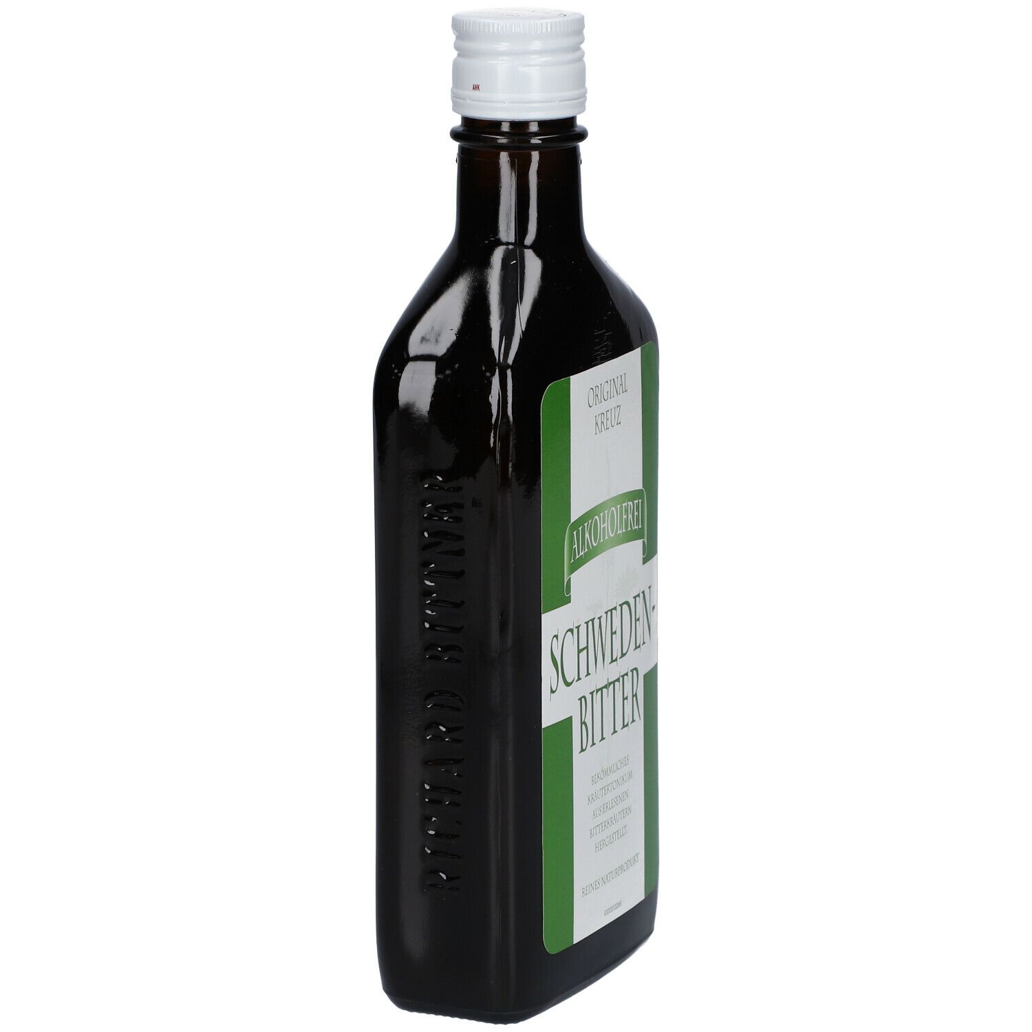 Braune Flasche, Seitenansicht. Weißer Verschluss. Grün-weißes Etikett mit Schriftzug 'SCHWEDEN-BITTER'.