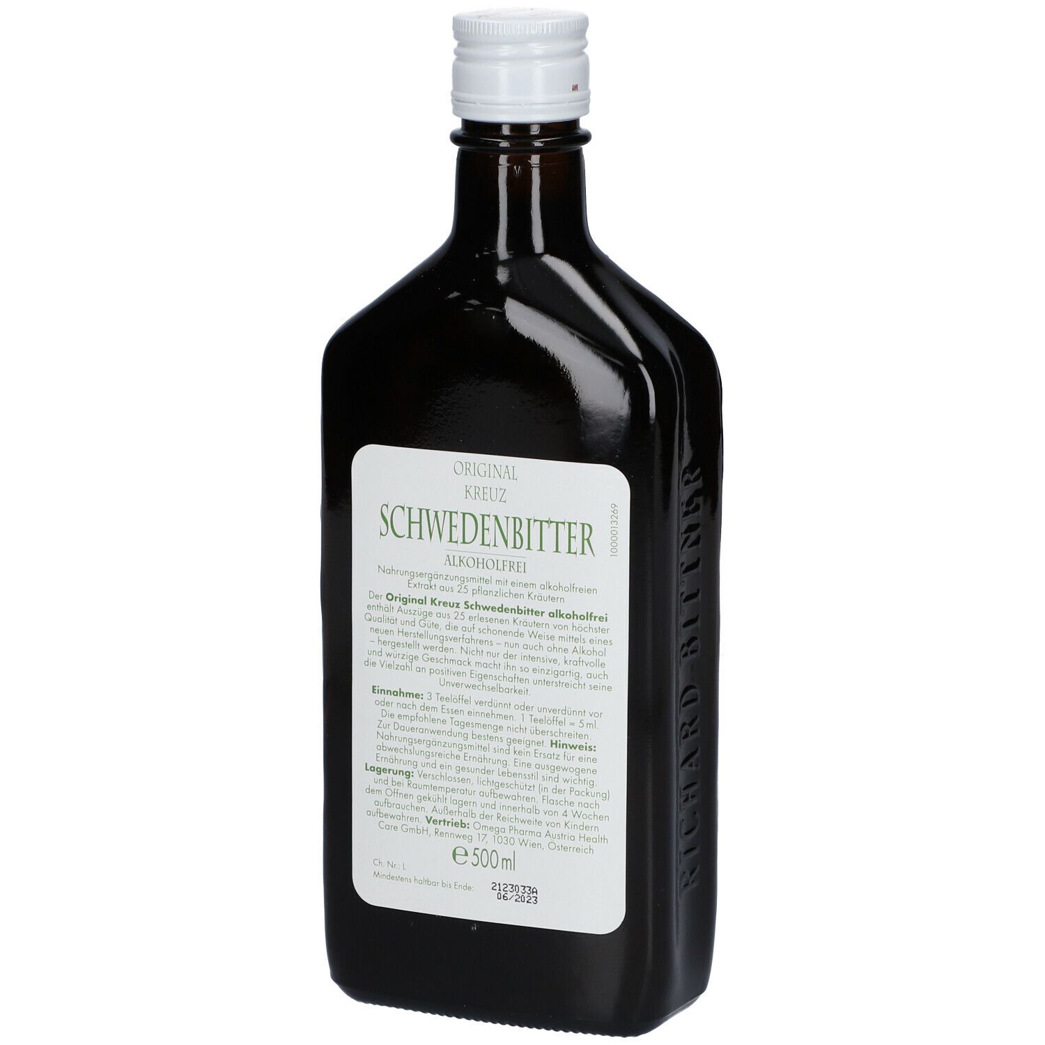 Braune Flasche mit weißem Verschluss. Grün-weißes Etikett mit Text. Aufschrift 'SCHWEDEN-BITTER'. E500ml.