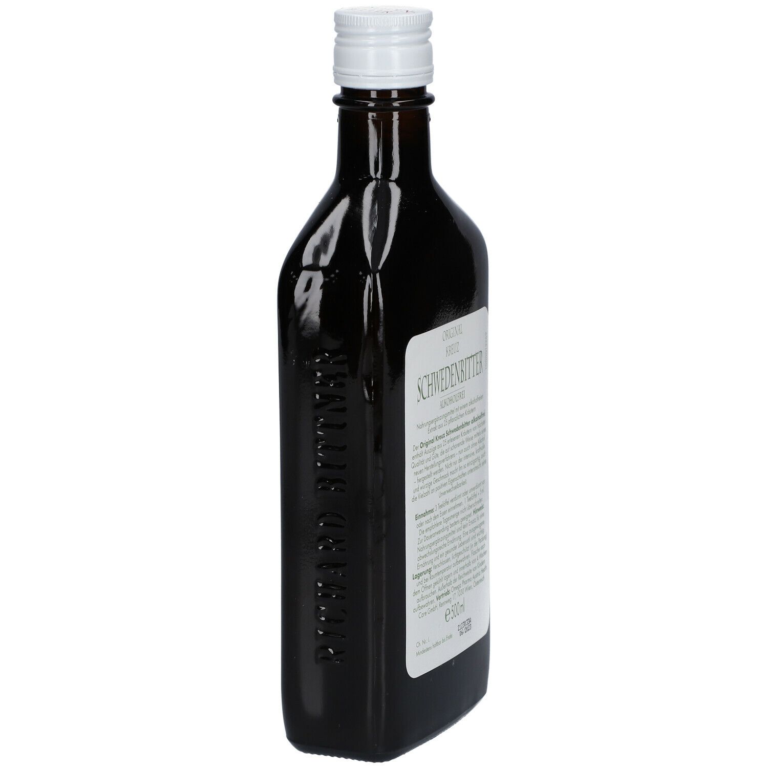 Braune Flasche, Seitenansicht. Weißer Verschluss. Grün-weißes Etikett mit Text. Aufschrift 'SCHWEDEN-BITTER'.