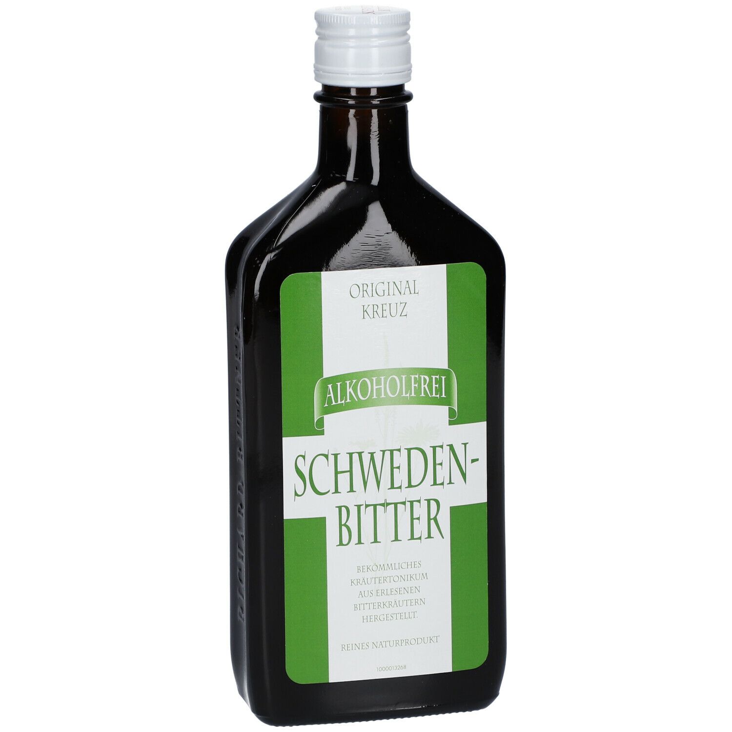 Braune Flasche mit weißem Verschluss. Grün-weißes Etikett mit Schriftzug 'SCHWEDEN-BITTER' und 'ALKOHOLFREI'.