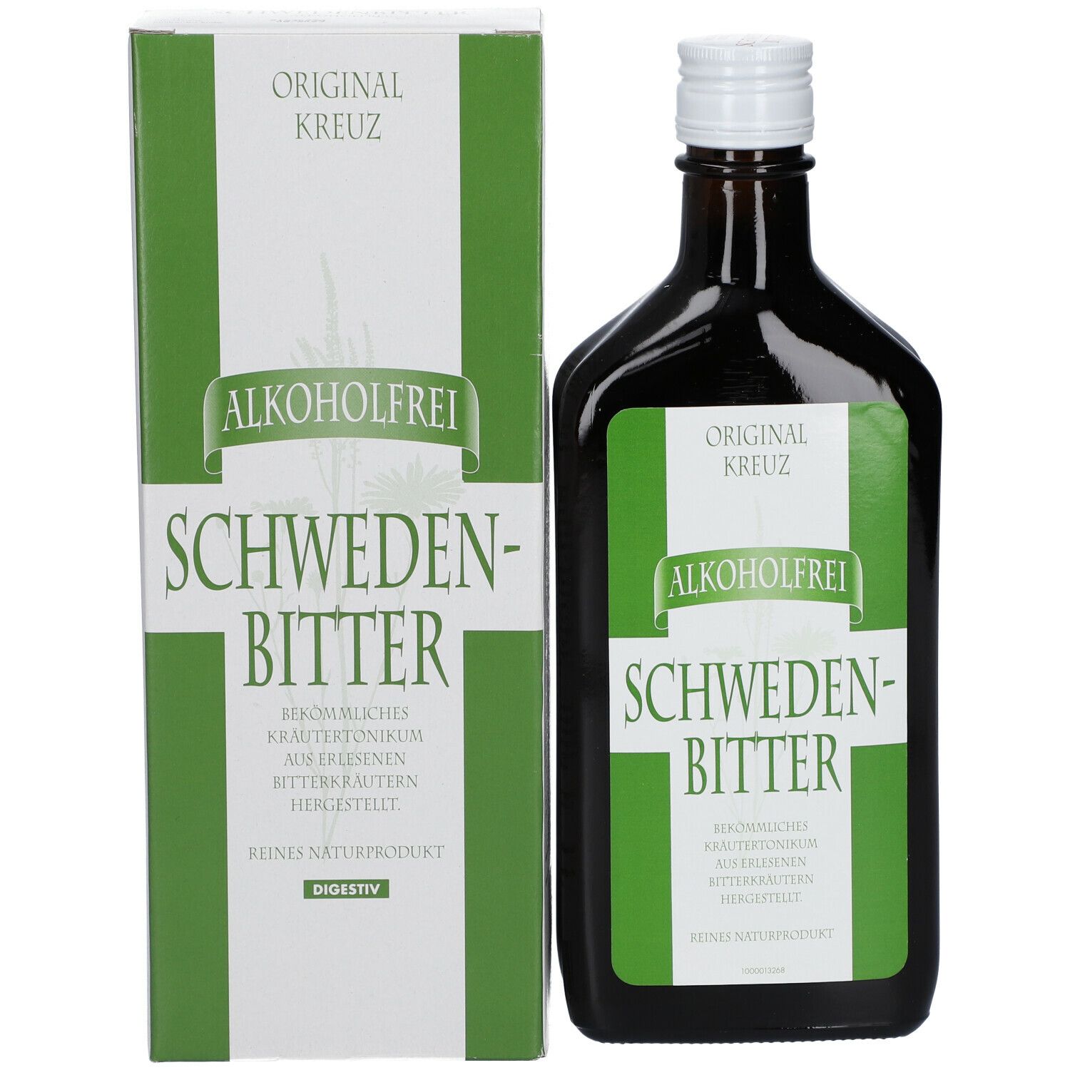 Flasche und Verpackung. Braune Flasche mit weißem Verschluss. Grün-weißes Etikett. Verpackung mit Text.