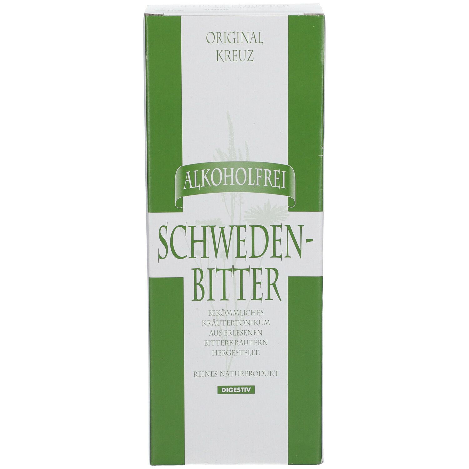 Grüne Verpackung mit weißem Text. Aufschrift 'SCHWEDEN-BITTER' und 'ALKOHOLFREI'.