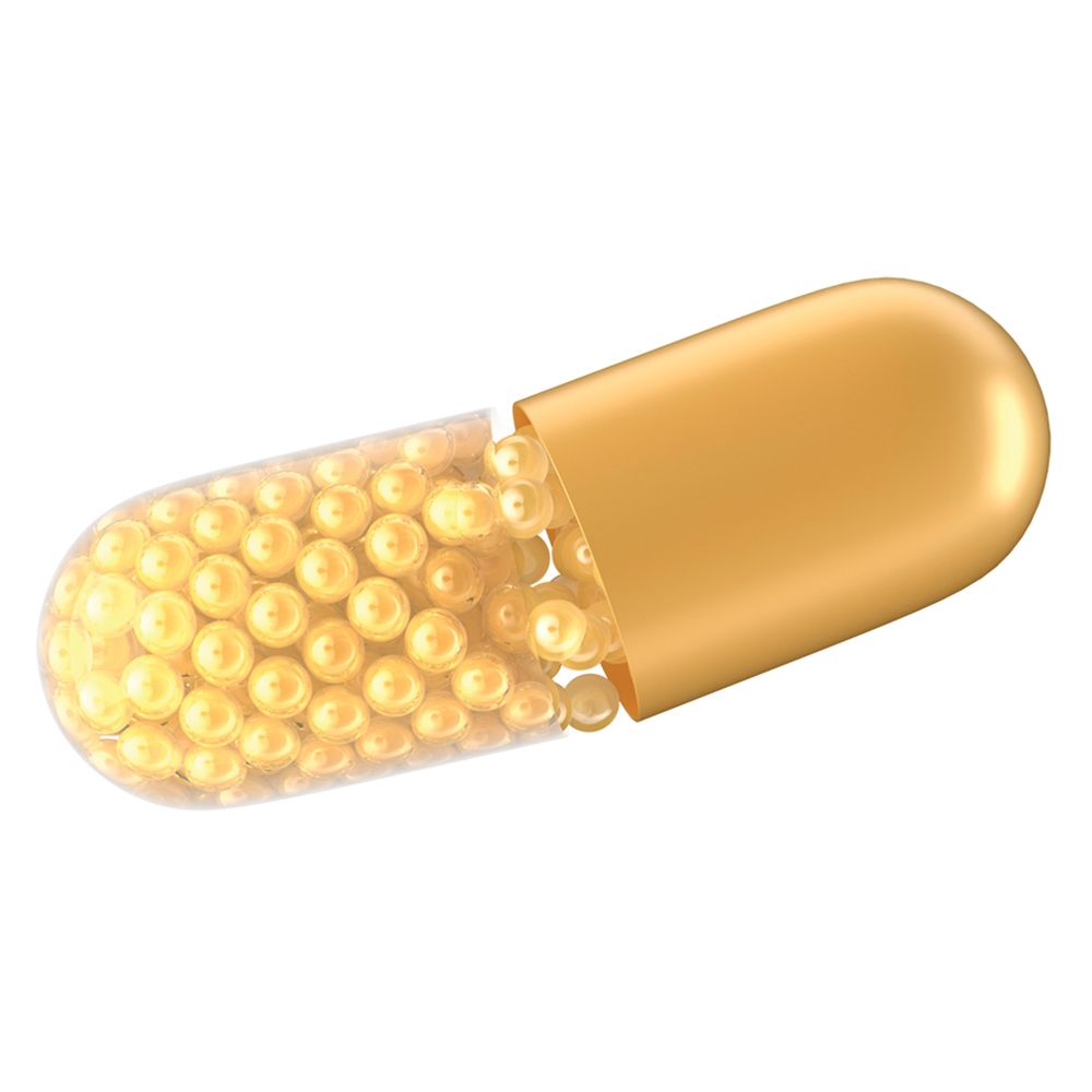 Geöffnete Kapsel mit gelben Kügelchen. Kapsel ist durchsichtig, mit goldfarbenem Deckel.