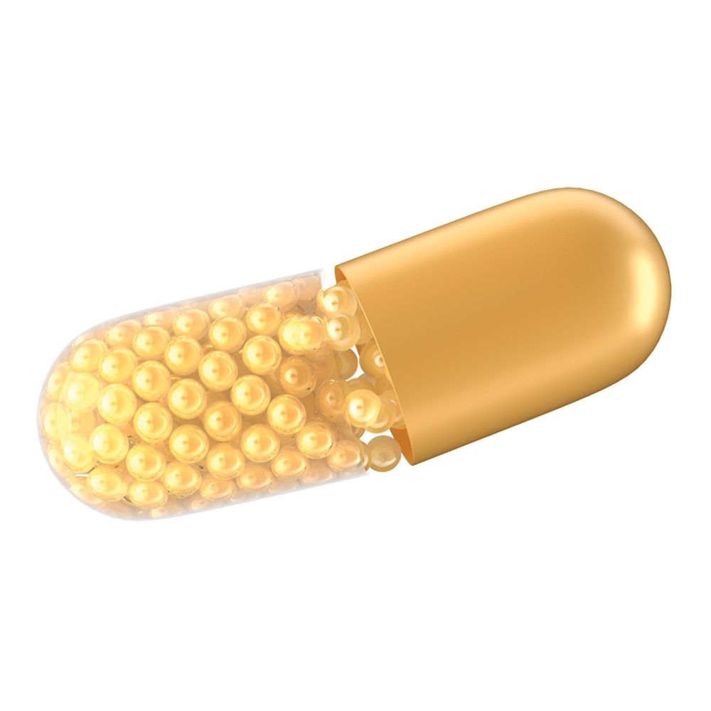 Geöffnete Kapsel mit gelben Kügelchen. Kapsel in Gold gehalten.