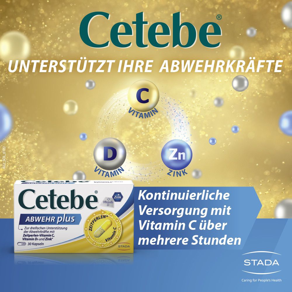 Cetebe-Produkt mit Vitamin C, D und Zink. Verpackung mit gelbem Hintergrund. Logos von Vitaminen.