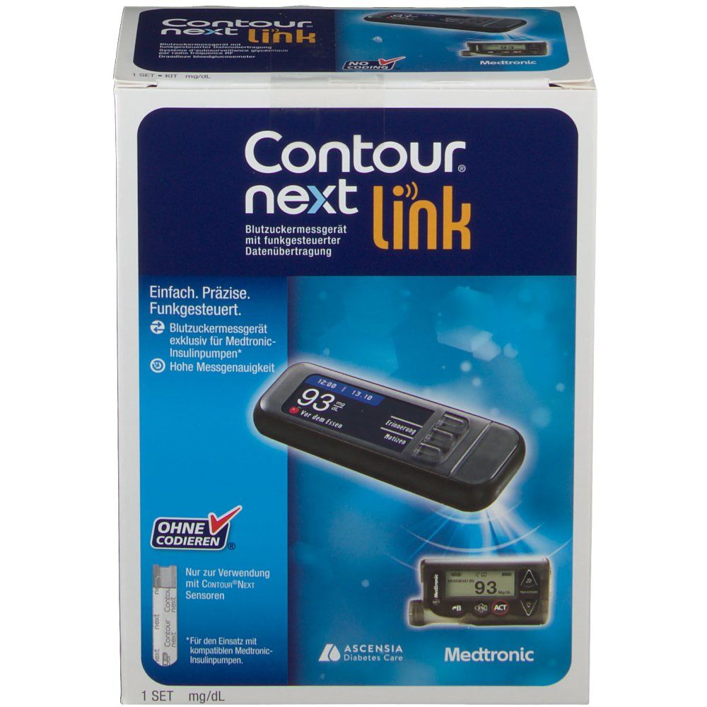 Verpackung von Contour next link. Blutzuckermessgerät mit Display. Text: Einfach. Präzise. Funkgesteuert.