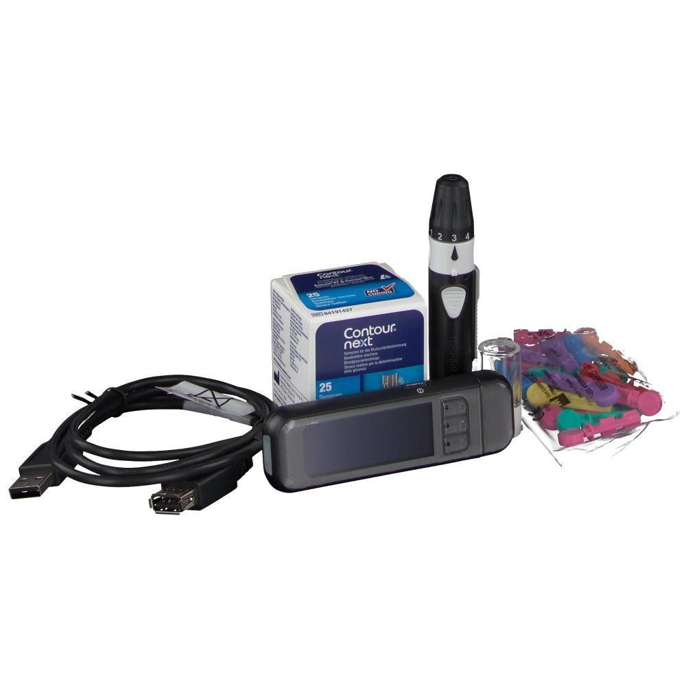 Blutzuckermessgerät, Teststreifen, Stechhilfe, Kabel und Lanzetten. Schwarzes Messgerät mit Display.