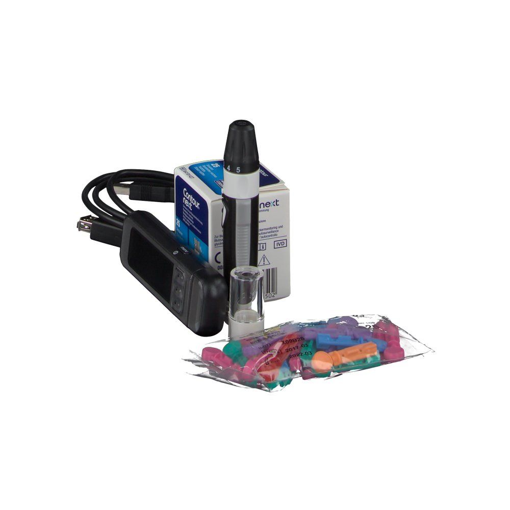 Blutzuckermessgerät, Teststreifen, Stechhilfe, Kabel und Lanzetten. Schwarzes Messgerät mit Display.