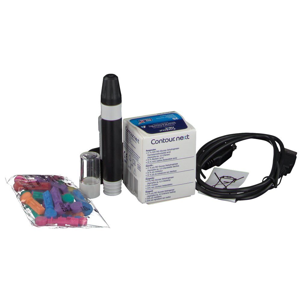 Blutzuckermessgerät, Teststreifen, Stechhilfe, Kabel und Lanzetten. Schwarzes Messgerät mit Display.