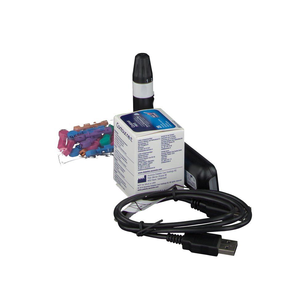 Blutzuckermessgerät, Teststreifen, Stechhilfe, Kabel und Lanzetten. Schwarzes Messgerät mit Display.
