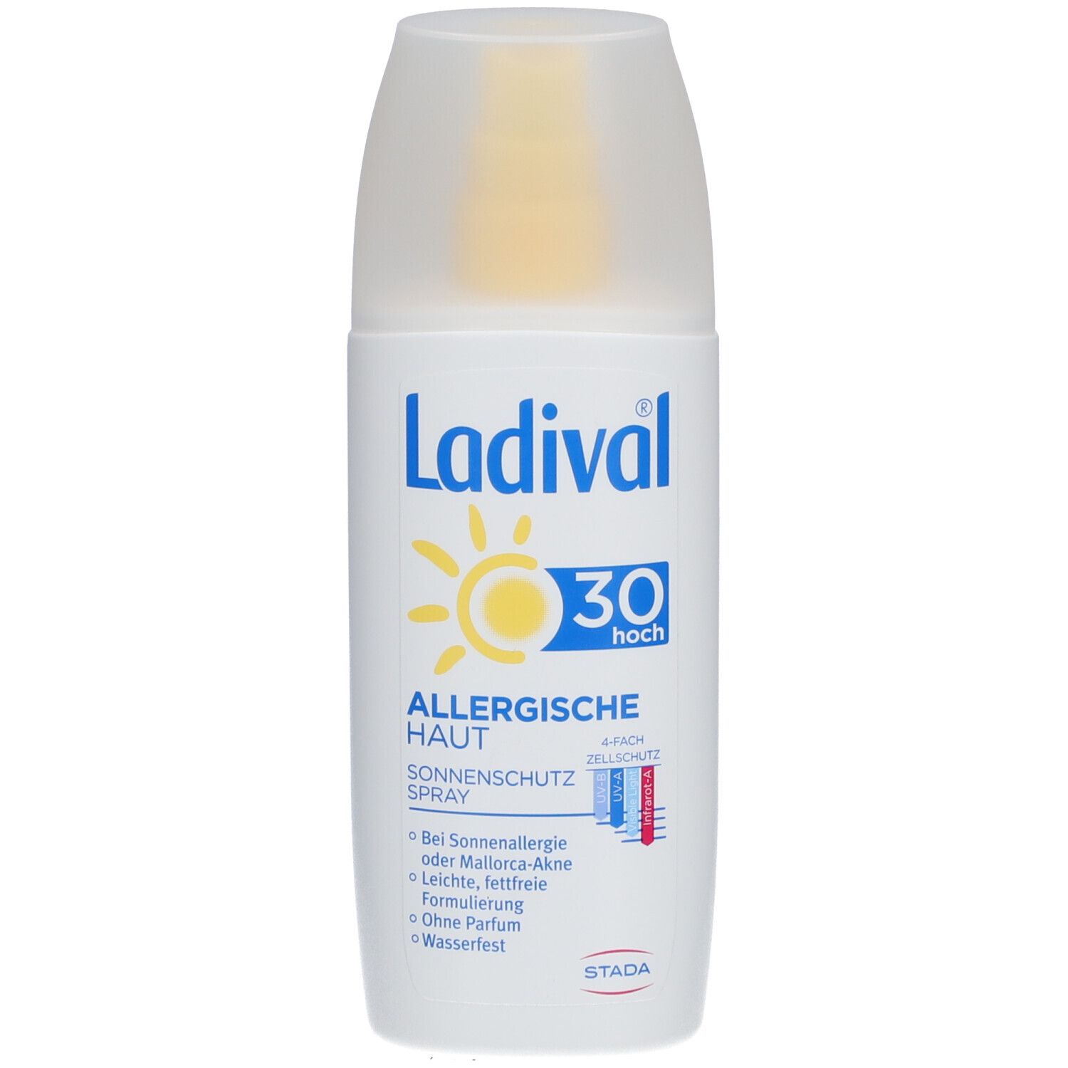 Ladival Sonnenschutz Spray LSF 30. Weiße Flasche mit gelbem Sprühkopf und Deckel. Aufschrift: Allergische Haut, Sonnenschutz.