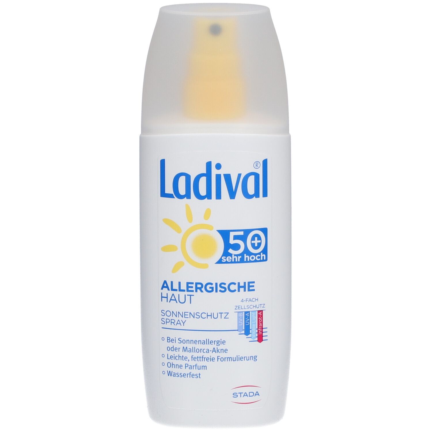 Ladival Allergische Haut Sonnenschutz Spray LSF 50+. Weiße Flasche mit gelbem Sprühkopf und transparentem Deckel. Produktinformationen.