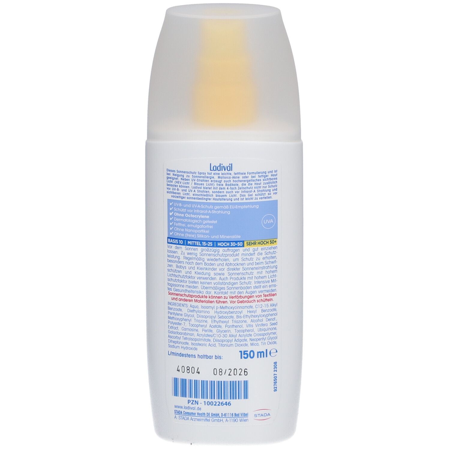 Rückseite der Ladival Allergische Haut Sonnenschutz Spray LSF 50+ Flasche. Text mit Produktinformationen und Inhaltsstoffen.