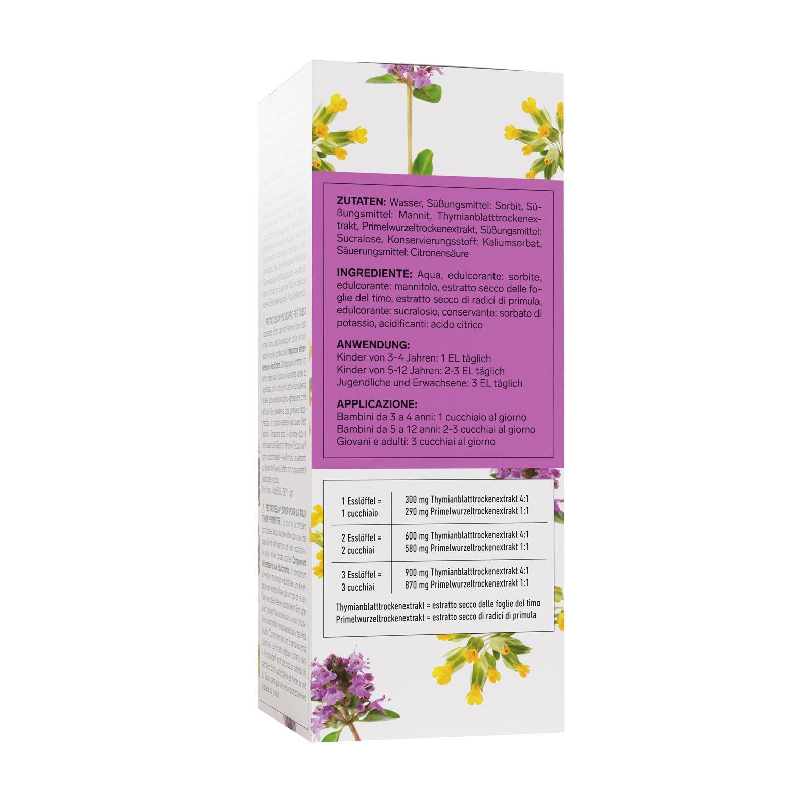 Rückseite der Produktverpackung mit Zutatenliste und Anwendungshinweisen in Deutsch und Italienisch.