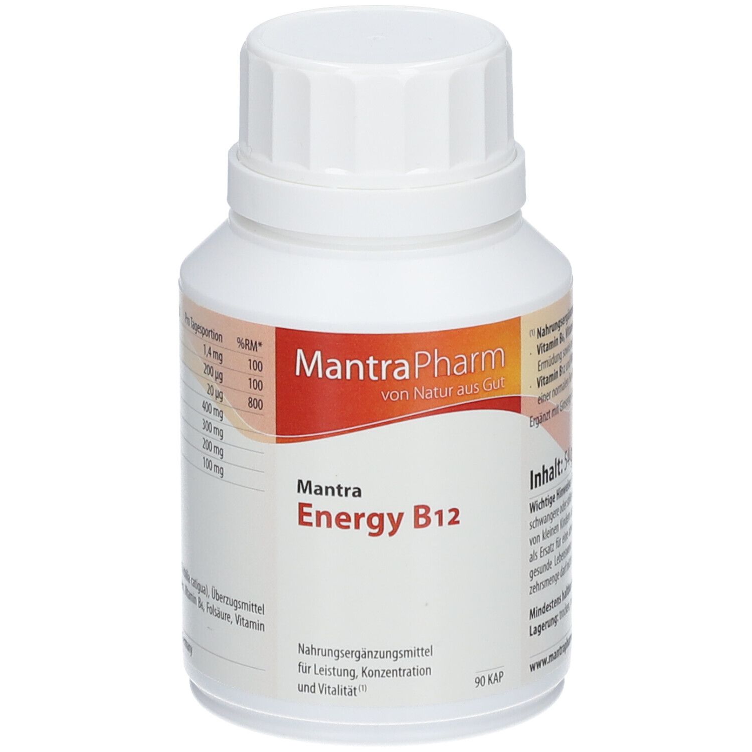 Weiße Flasche mit Schraubverschluss. Aufschrift: MantraPharm Energy B12. Nahrungsergänzungsmittel.