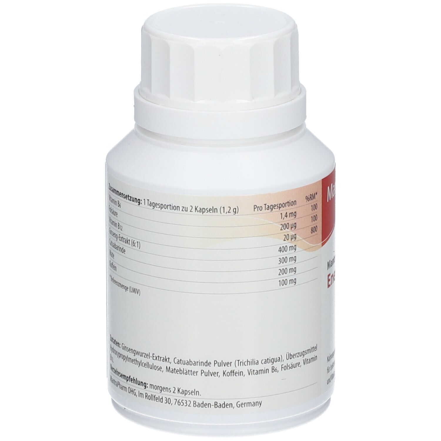 Weiße Flasche mit Schraubverschluss. Aufschrift: MantraPharm Energy B12. Nährwertangaben.