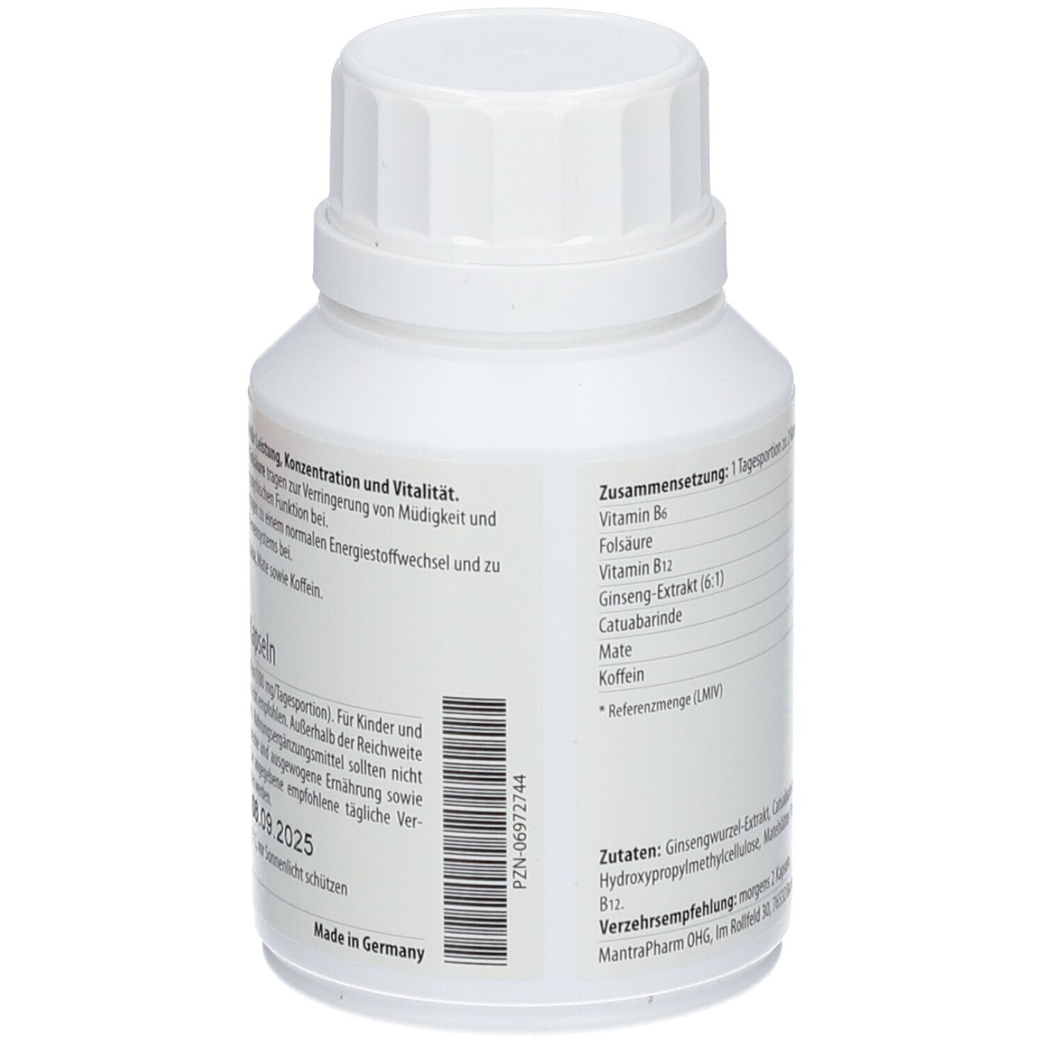 Weiße Flasche mit Schraubverschluss. Aufschrift: MantraPharm Energy B12. Zusammensetzung und weitere Informationen.