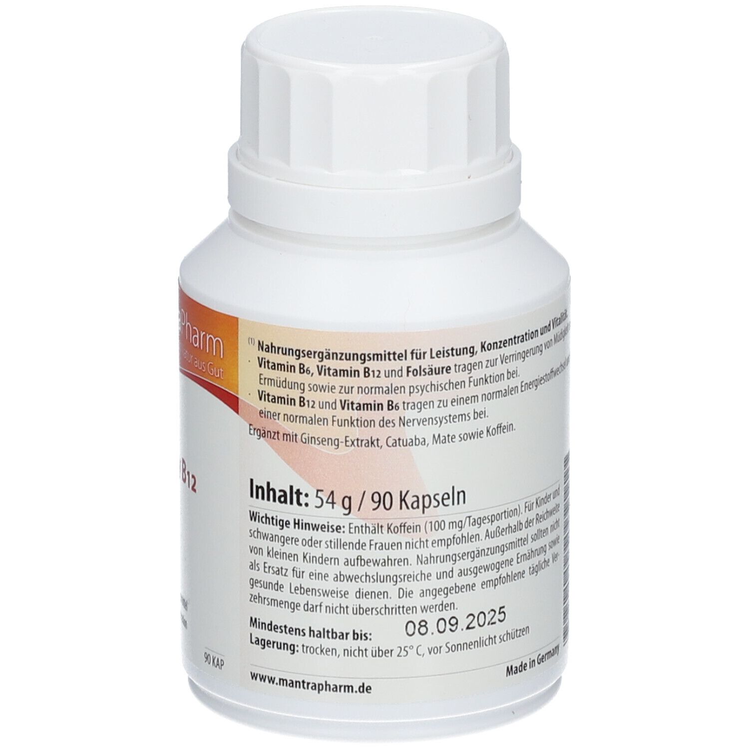 Weiße Flasche mit Schraubverschluss. Aufschrift: MantraPharm Energy B12. Inhalt: 54 g / 90 Kapseln. Mindestens haltbar bis 08.09.2025.