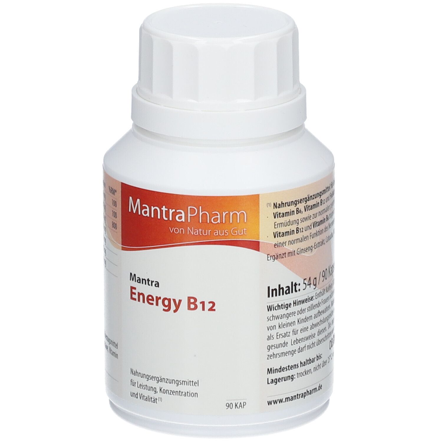 Weiße Flasche mit Schraubverschluss. Aufschrift: MantraPharm Energy B12. Nahrungsergänzungsmittel.