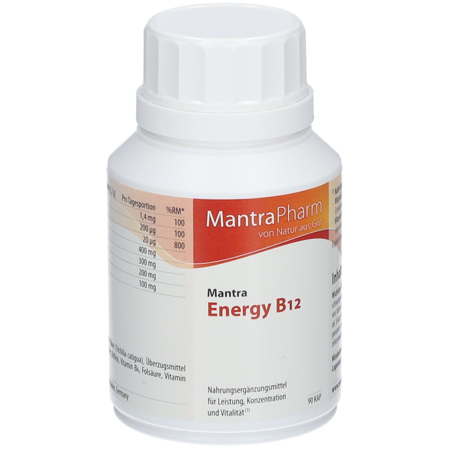 Weiße Flasche mit Schraubverschluss. Aufschrift: MantraPharm Energy B12. Nährwertangaben.