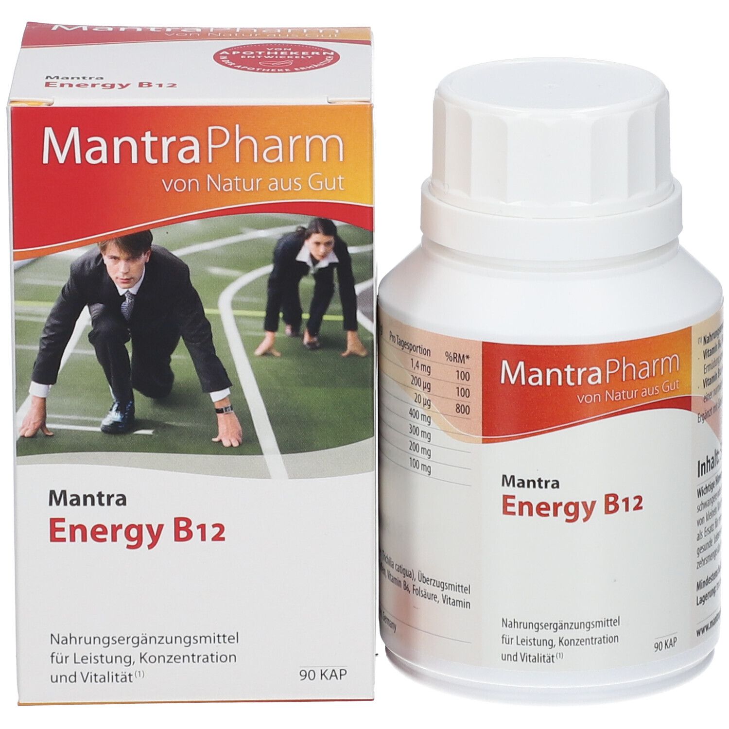 Produktverpackung: Flasche und Schachtel. Aufschrift: MantraPharm Energy B12. Nahrungsergänzungsmittel.