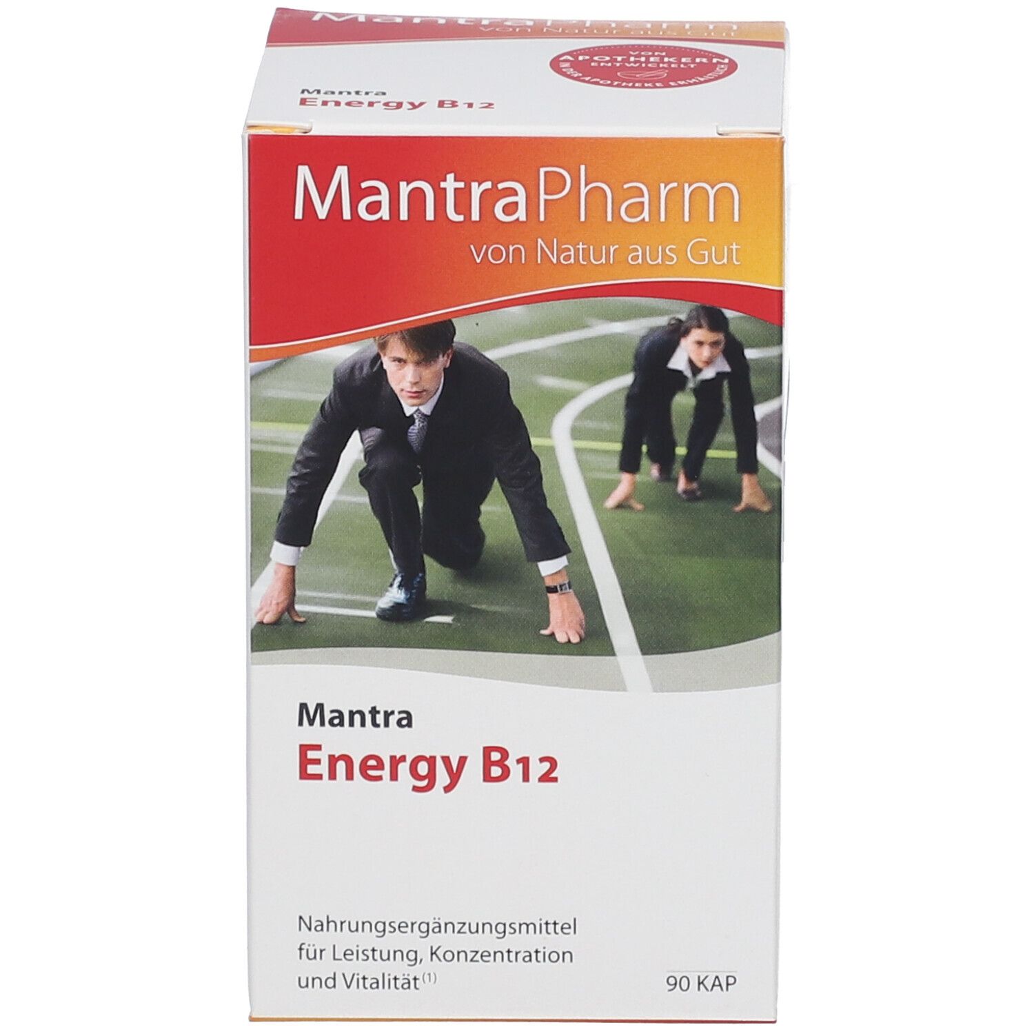 Produktverpackung: Schachtel. Aufschrift: MantraPharm Energy B12. Nahrungsergänzungsmittel.