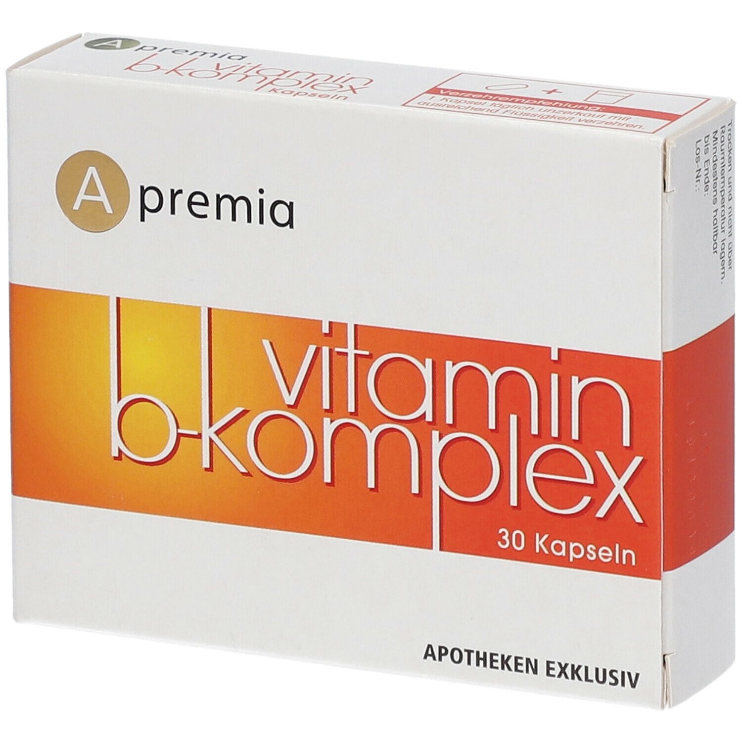 Weiß-orange Schachtel mit Aufschrift 'A premia vitamin b-komplex'. Enthält 30 Kapseln. Apotheken exklusiv.