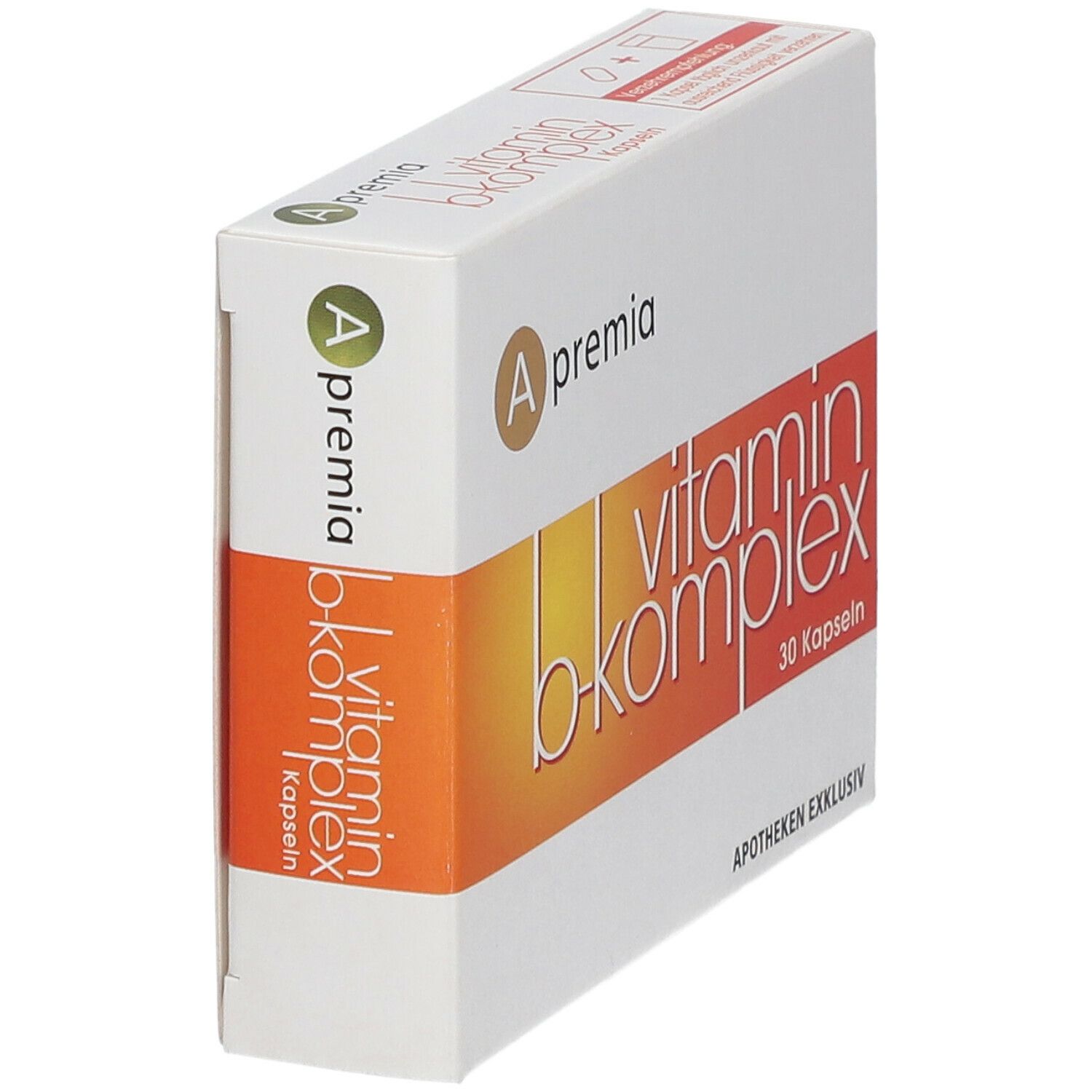 Schachtel 'A premia vitamin b-komplex' in weiß-orange. 30 Kapseln. Apotheken exklusiv. Seitenansicht.