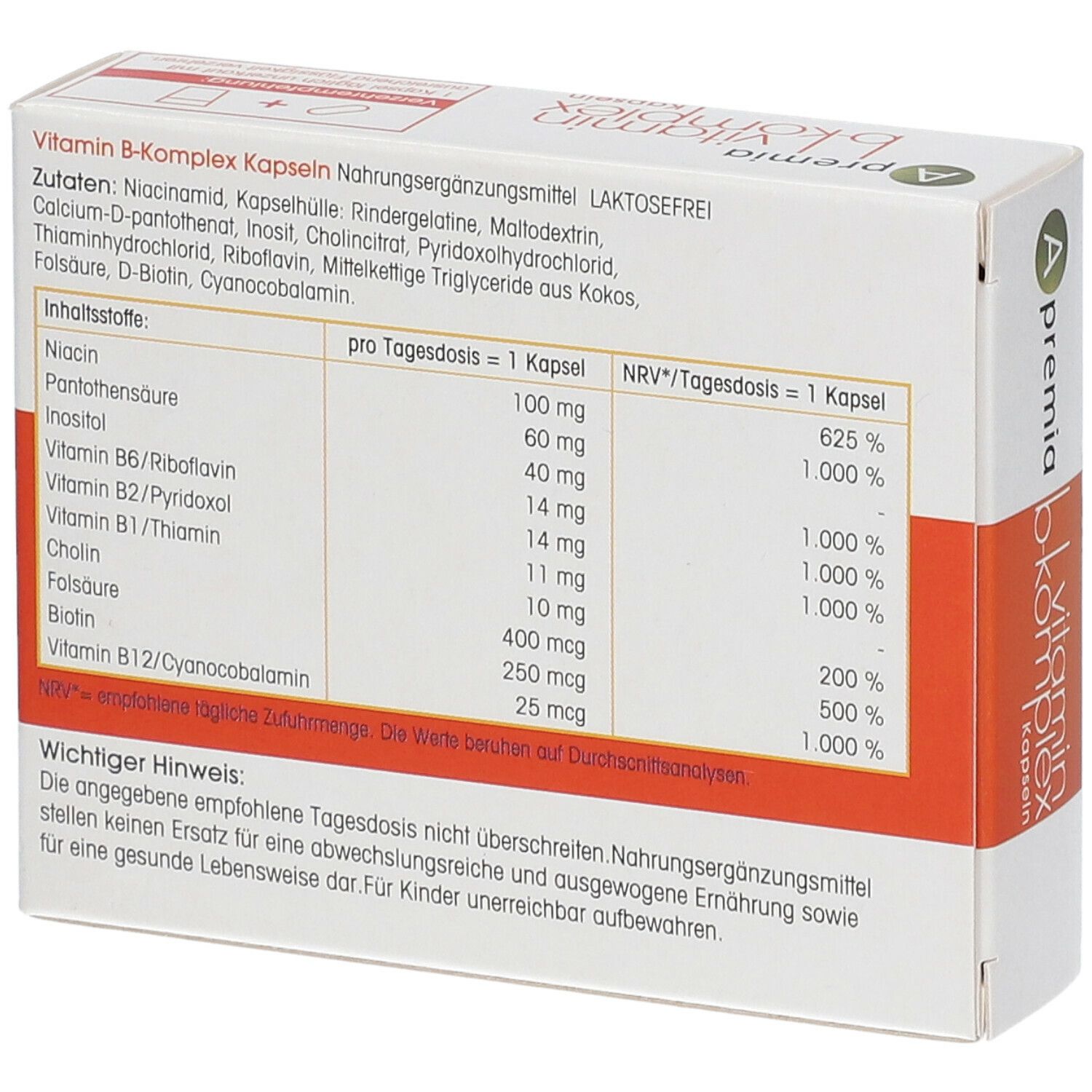 Rückseite der 'A premia vitamin b-komplex' Schachtel. Enthält Nährwertangaben und Inhaltsstoffe.