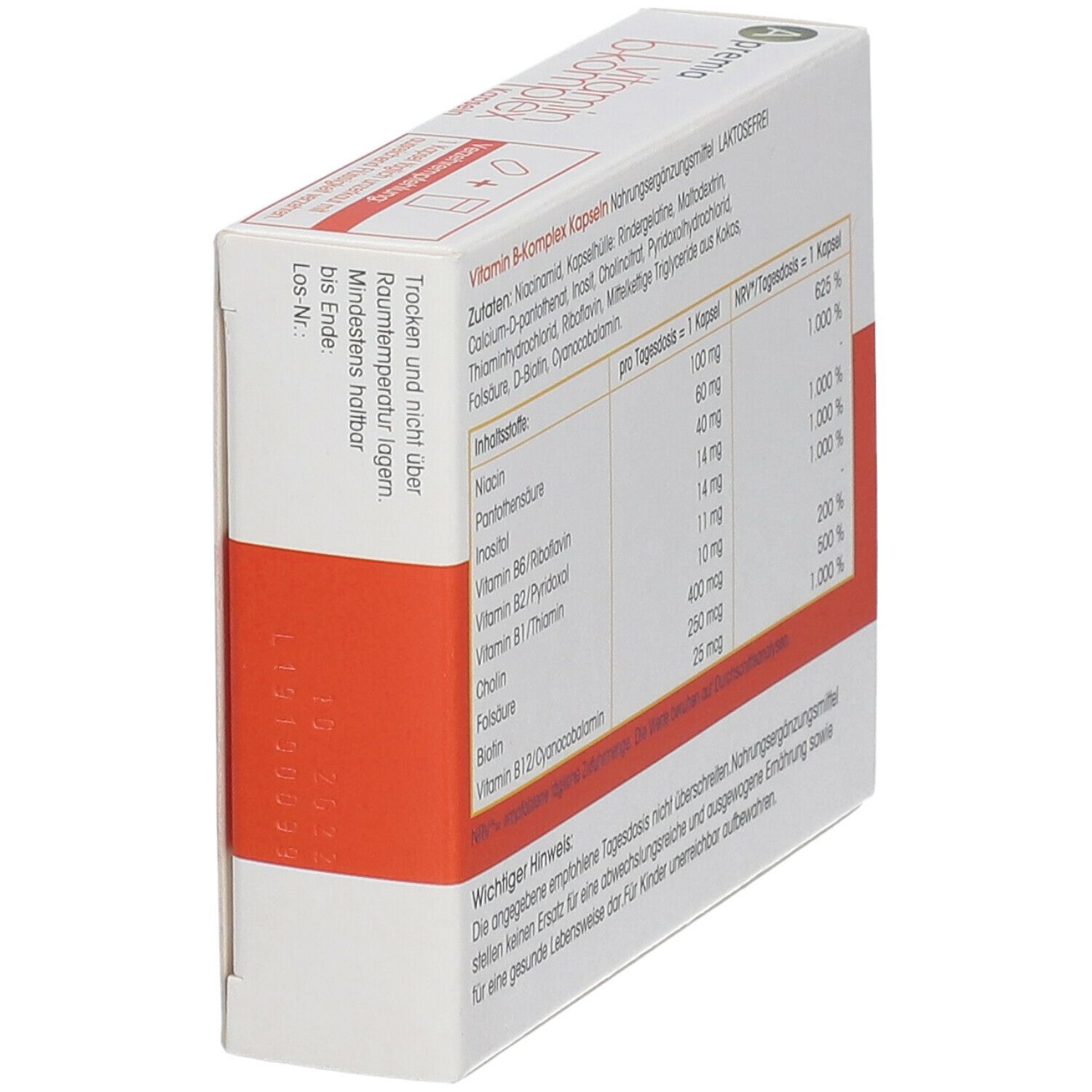 Seitenansicht der 'A premia vitamin b-komplex' Schachtel. Enthält Nährwertangaben und Inhaltsstoffe.