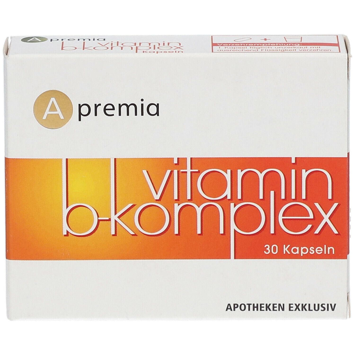 Weiße Schachtel mit 'A premia vitamin b-komplex'. 30 Kapseln. Apotheken exklusiv. Vorderansicht.