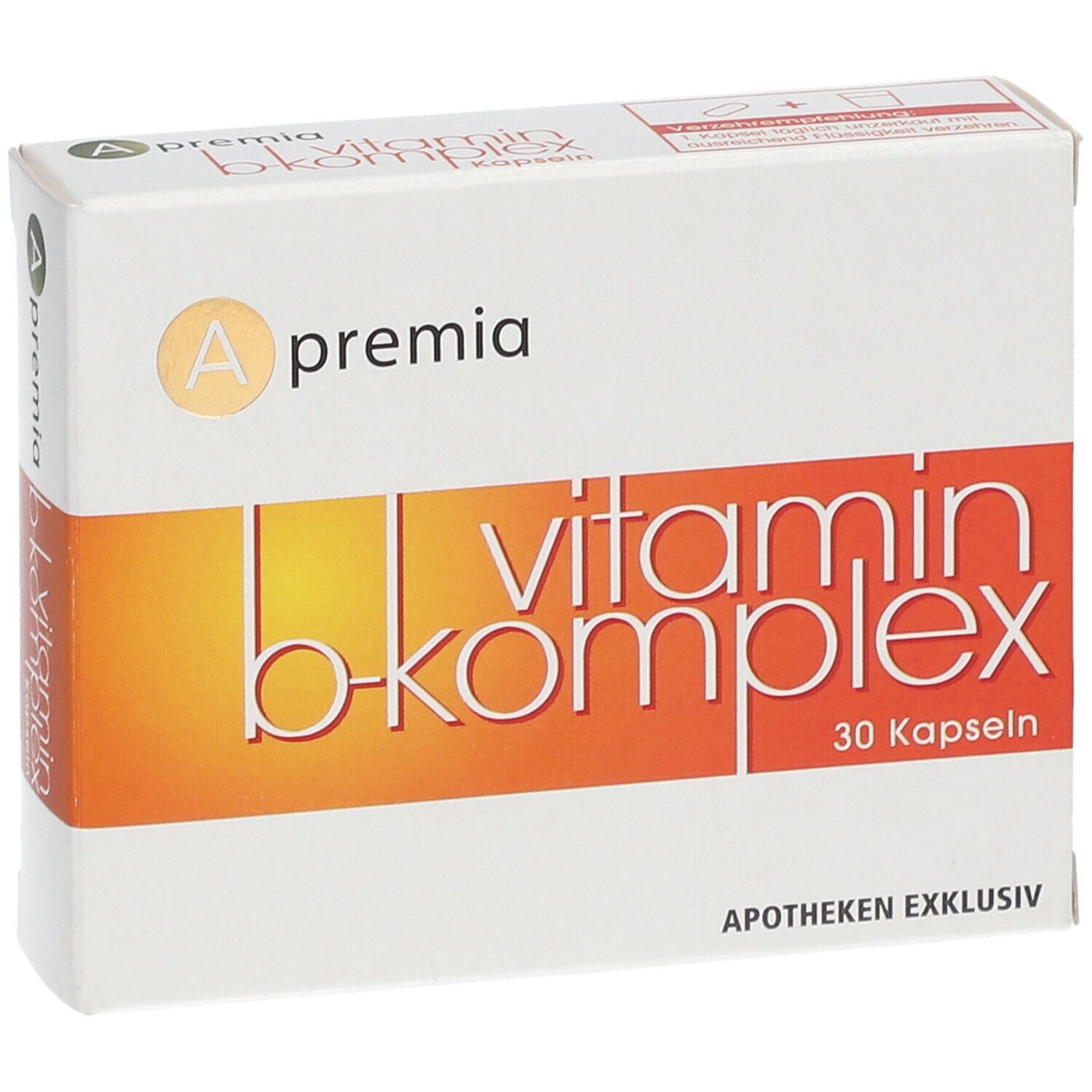 Weiße Schachtel mit 'A premia vitamin b-komplex'. 30 Kapseln. Apotheken exklusiv. Vorderansicht.