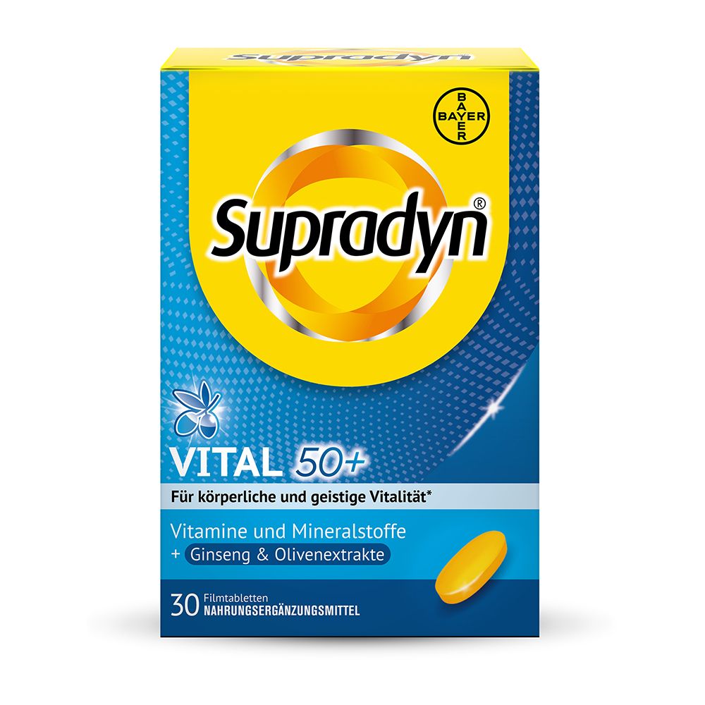 Gelbe Schachtel mit "Supradyn VITAL 50+". Enthält 30 Filmtabletten. Bayer-Logo.