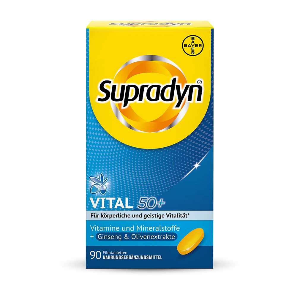 Supradyn VITAL 50+ Filmtabletten. Gelbe Verpackung mit Produktinformationen und Logo.