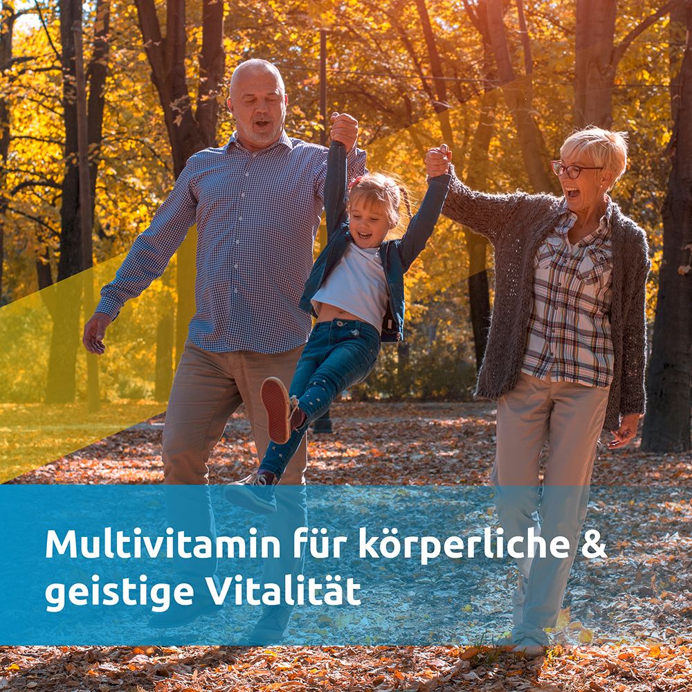 Ältere Menschen im Park. Text: Multivitamin für körperliche & geistige Vitalität.
