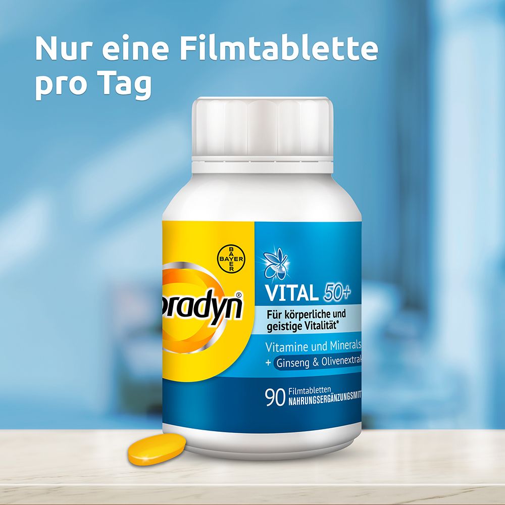 Tablettenflasche mit Supradyn VITAL 50+. Text: Nur eine Filmtablette pro Tag.