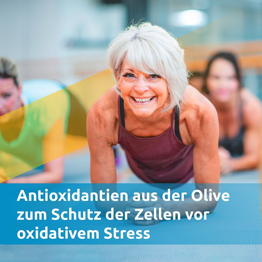Frau beim Training. Text: Antioxidantien aus der Olive zum Schutz vor oxidativem Stress.