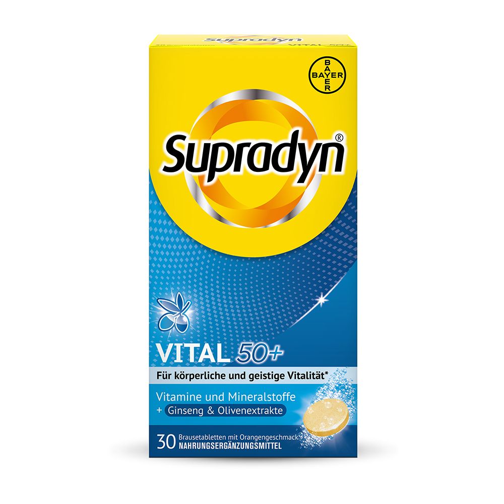Gelbe Schachtel mit "Supradyn"-Logo und "VITAL 50+"-Schriftzug. Enthält Brausetabletten.