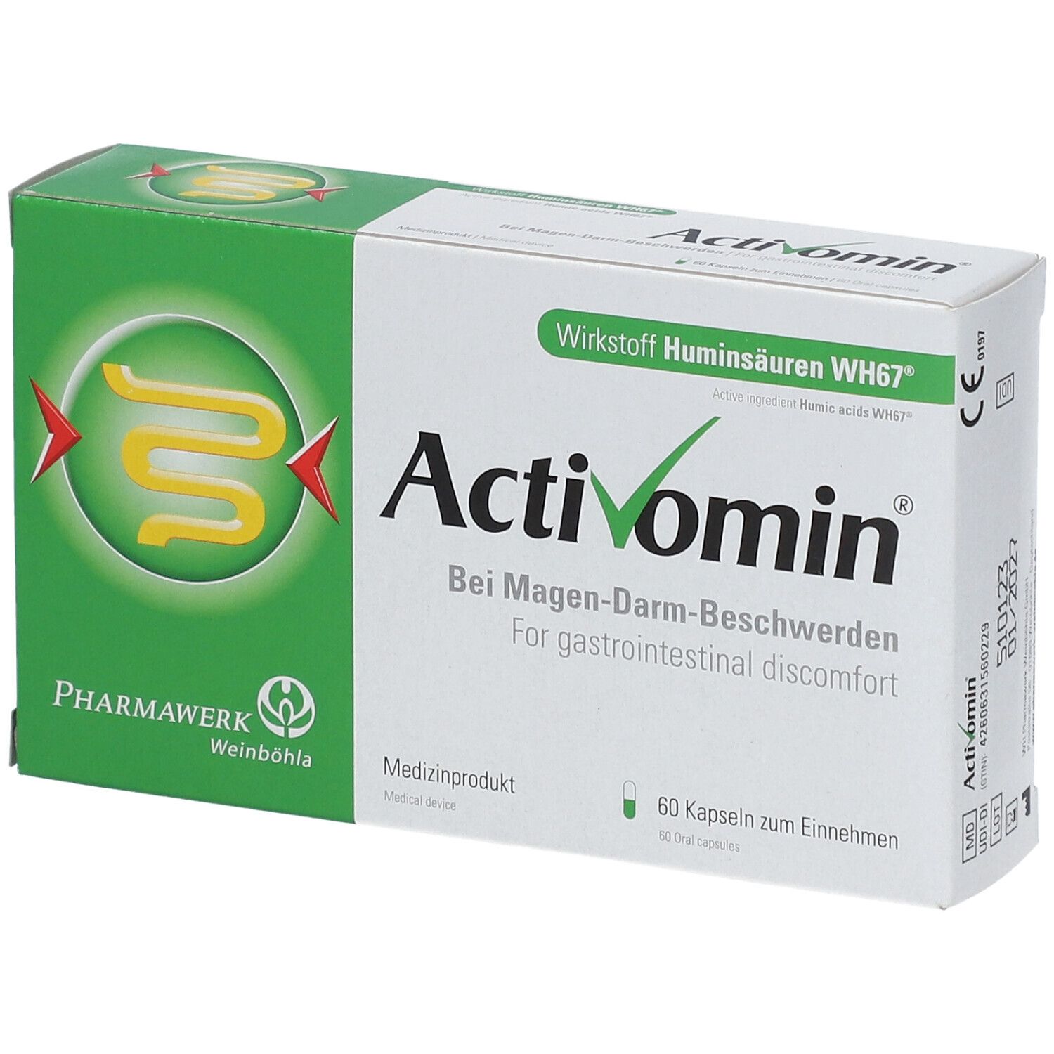Schachtel Activomin, grün-weiß. Schriftzug Activomin, bei Magen-Darm-Beschwerden. 60 Kapseln. Pharmawerk Weinböhla.