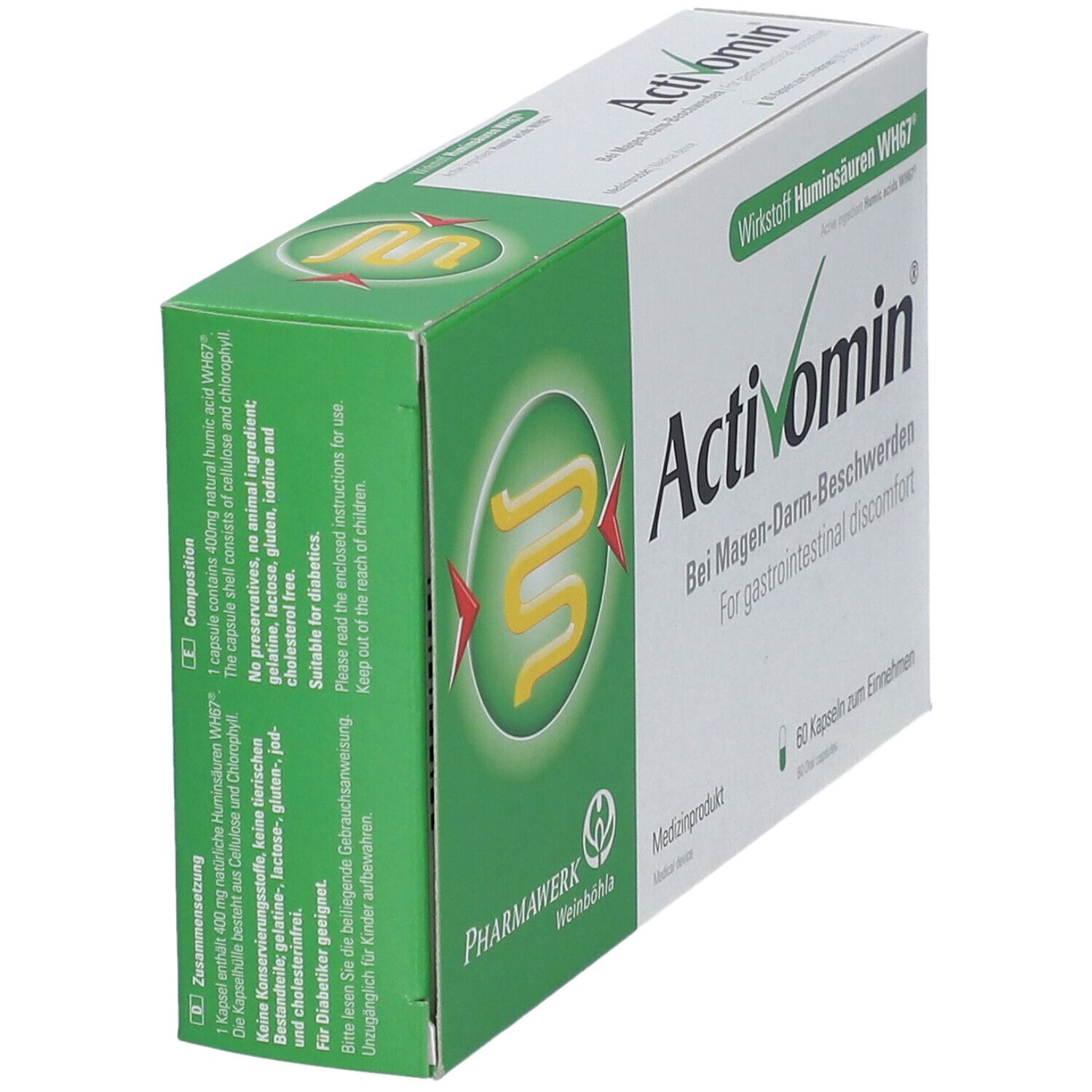 Activomin-Schachtel, grün-weiß. Schriftzug Activomin. Bei Magen-Darm-Beschwerden. 60 Kapseln. Pharmawerk Weinböhla.