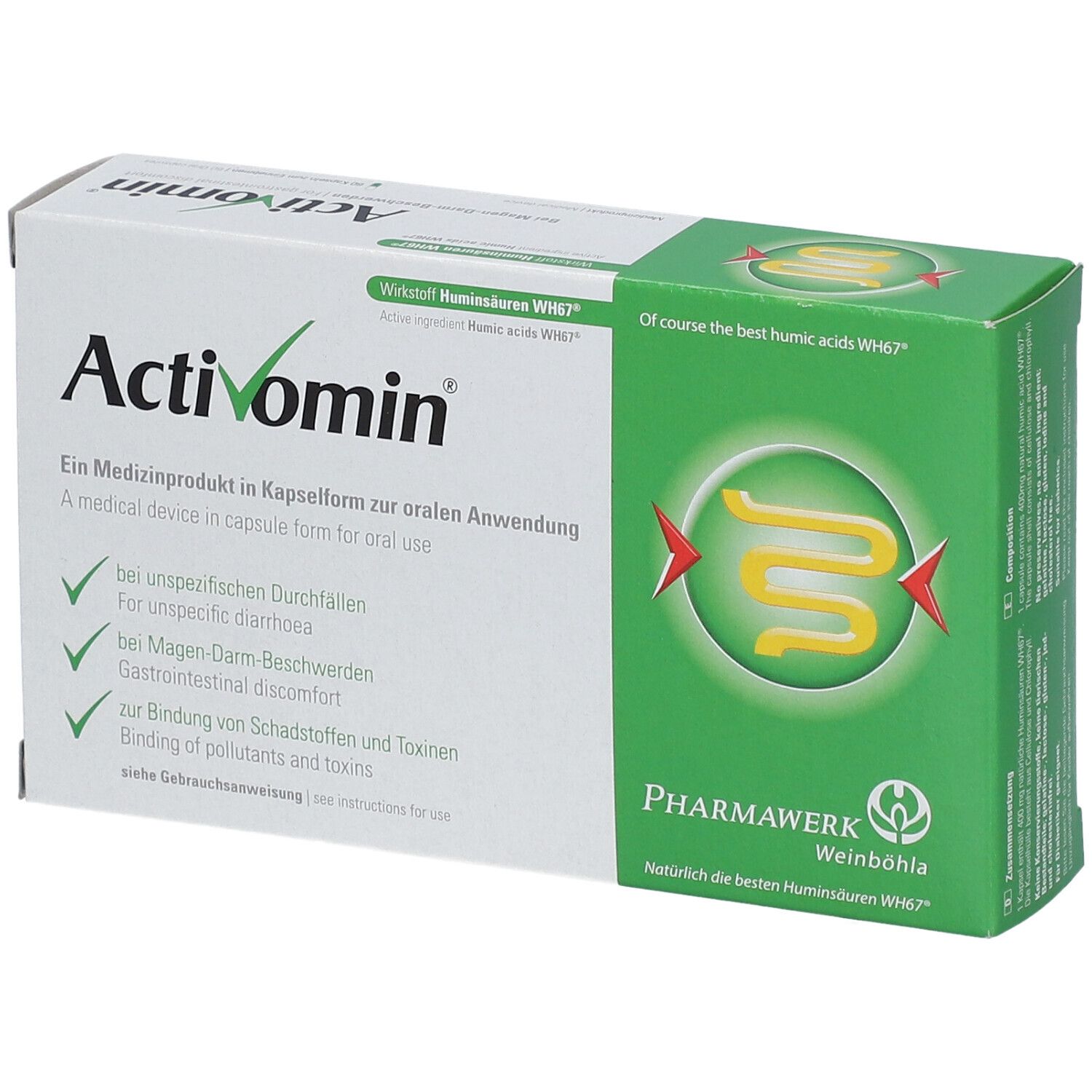 Activomin-Schachtel, grün-weiß. Schriftzug Activomin. Medizinprodukt in Kapselform. Pharmawerk Weinböhla.